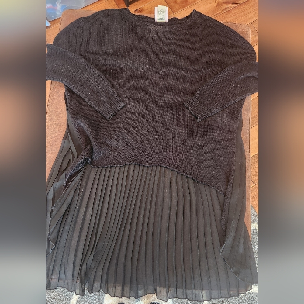 Cotton Emporium Black Sweater with Sheer Pleated High Low Back